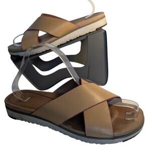 UGG Crisscross Slide Flat Sandal 10016191 Faux Leather Tan Pink Trim US 10 EU 41